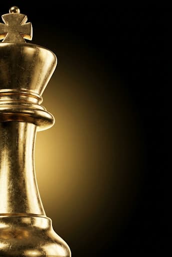 A dramatic close-up of a premium, battle-worn golden chess king piece, emerging from deep shadows. High contrast, cinematic lighting with a luxury horology feel.